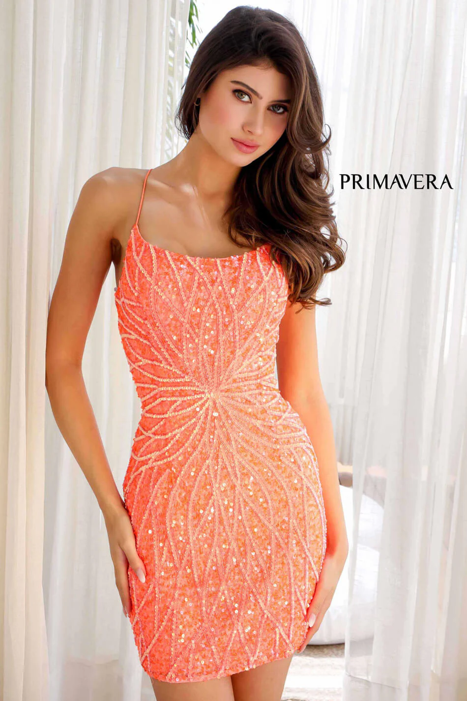 4001 - Primavera - Scoop Neck Beaded Short Dress with Lace-Up Open Back - Image 5