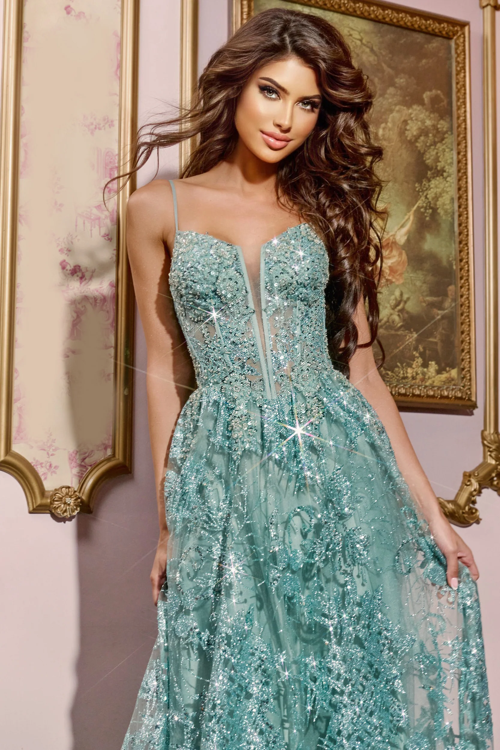 42199 - Jovani - Sage Lace Embroidered A-Line Ball Gown - Image 3