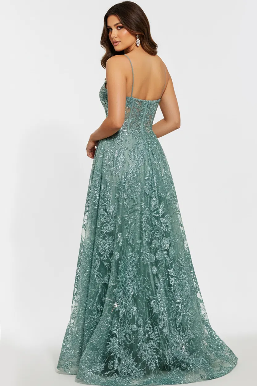 42199 - Jovani - Sage Lace Embroidered A-Line Ball Gown - Image 7