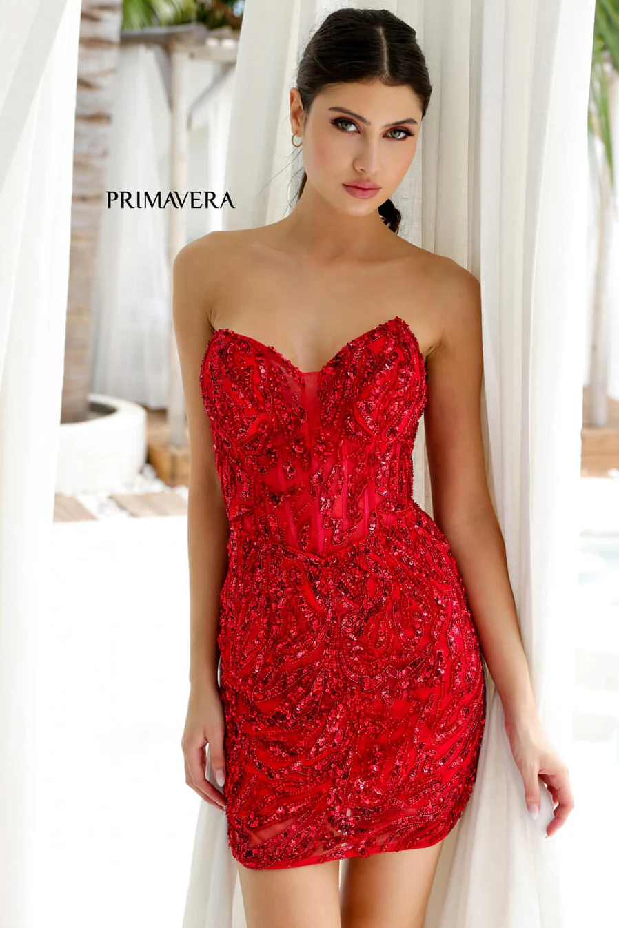 4222 - Primavera - Strapless Sequin Cocktail Dress with Illusion Bodice