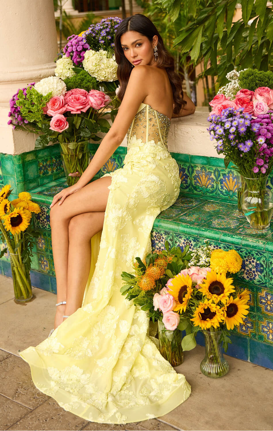 42297 - Ava Presley - Yellow Floral Lace Mermaid Gown - Image 5