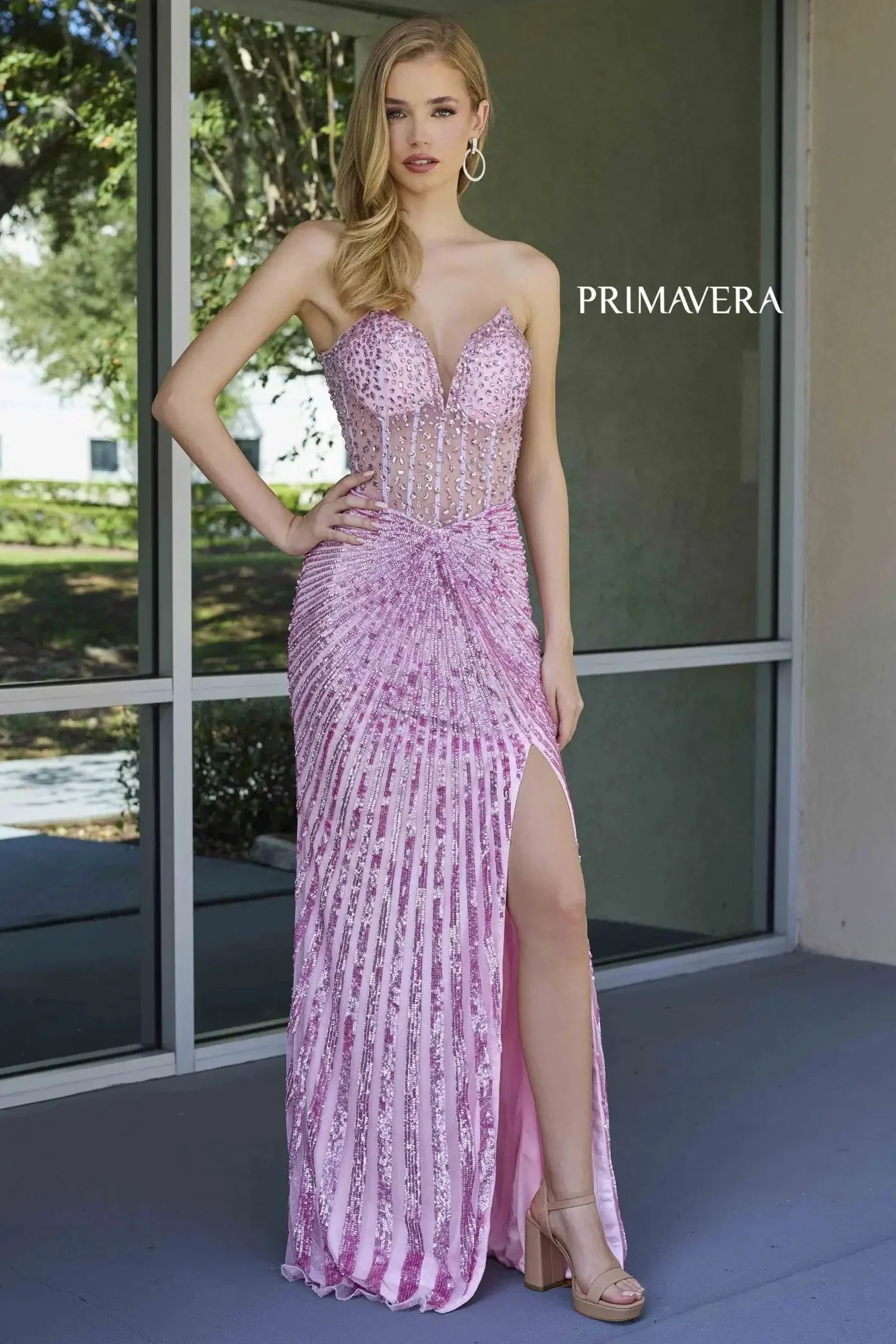 4304 – Primavera - Strapless Beaded Gown with Slit & Lace-Up Back - Image 5