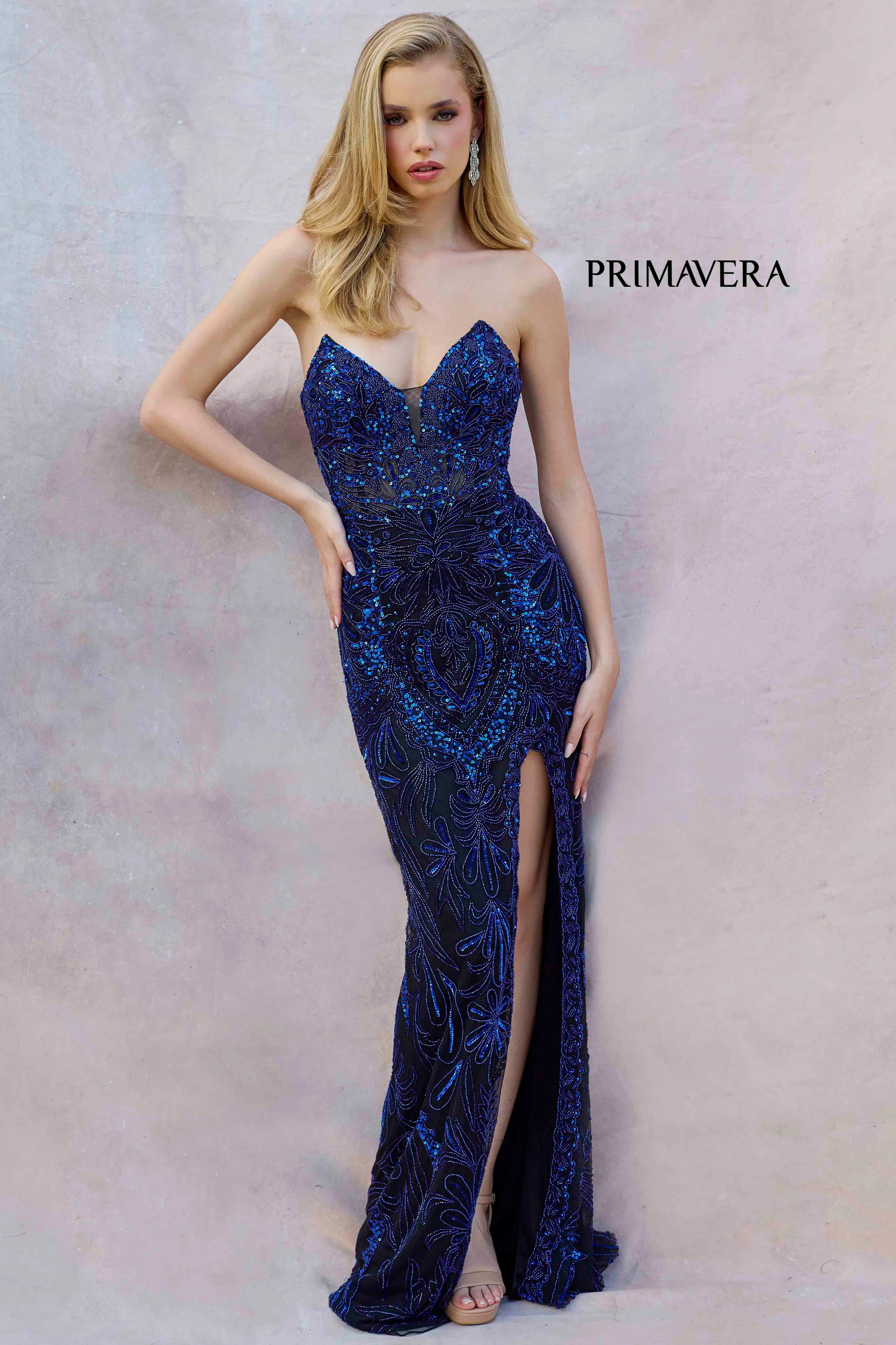 4343 - Primavera - Strapless Corset Beaded Long Gown - Image 12