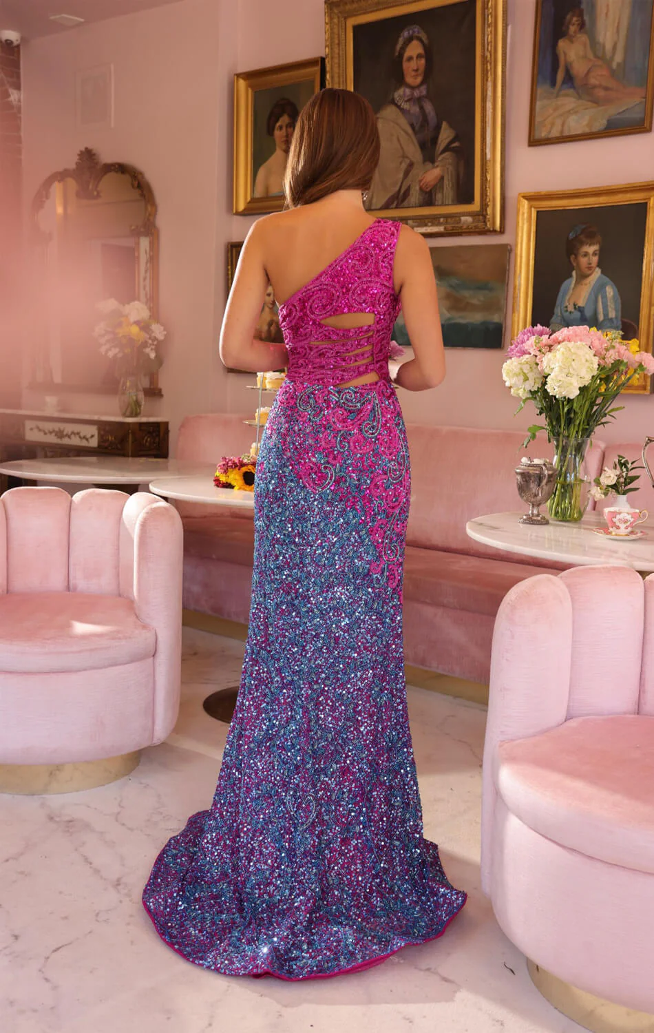 47039 - Ava Presley - One Shoulder Beaded Dress with Cut-outs - Image 7