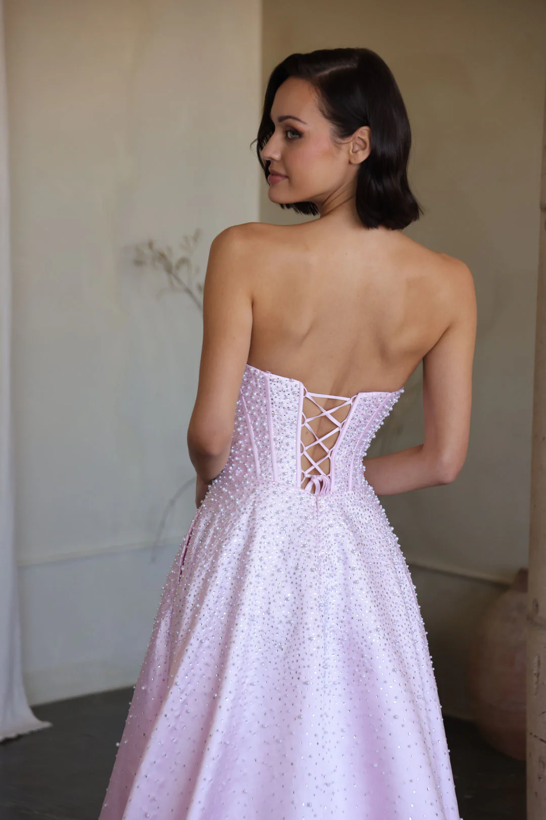 47283 - Ava Presley - Mikado A-line Corset Dress with Pearls - Image 7