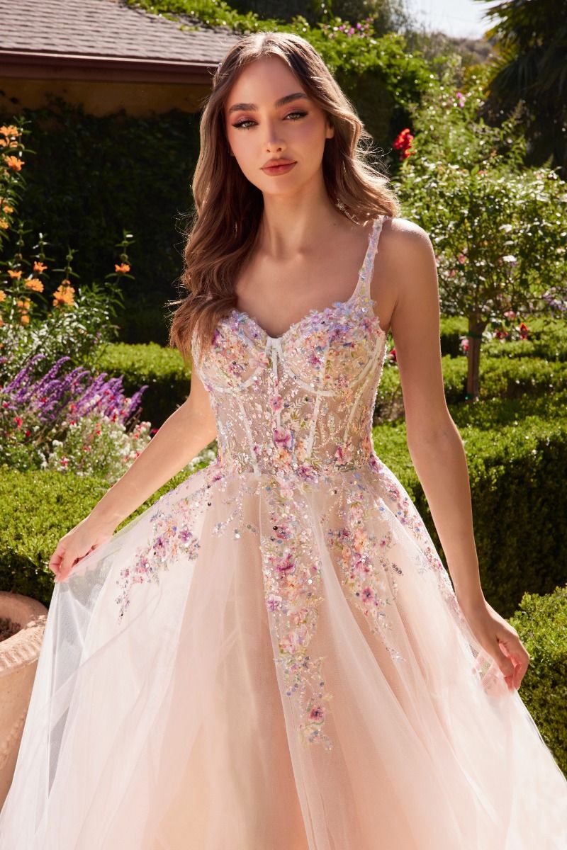 A1288 - A-LINE DRESS WITH MULTI COLORED FLORAL EMBELLISHMENT - ANDREA & LEO - Image 3
