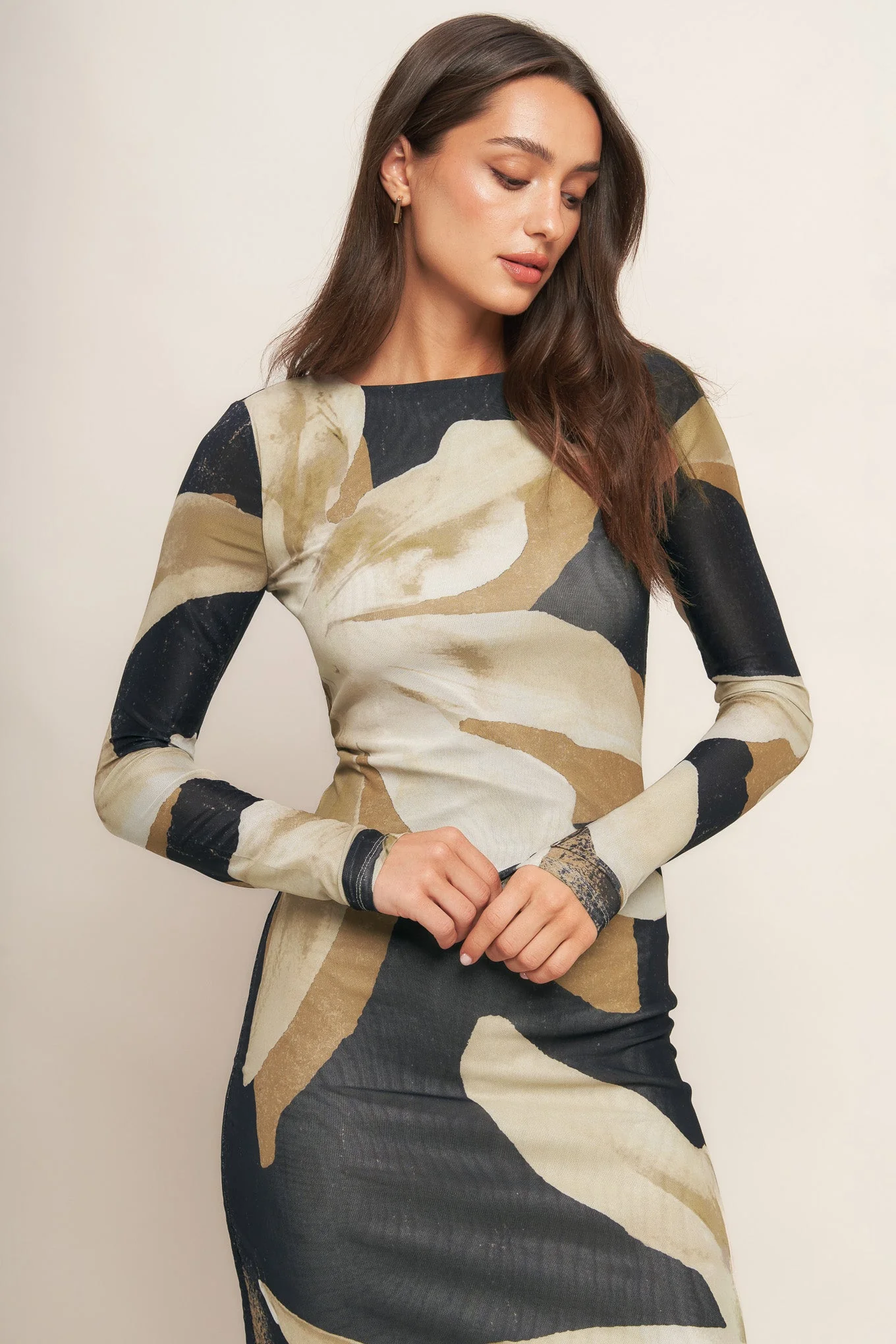ABSTRACT BOTANICA LONG SLEEVE POWER MESH MIDI DRESS - Image 3