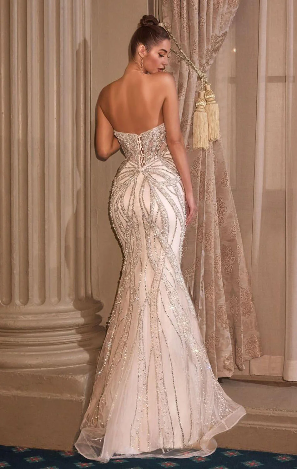 ADRIENNE GOWN - OFF WHITE - PEARL & CRYSTAL STRAPLESS FITTED DRESS - Image 3
