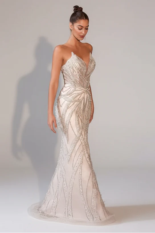 ADRIENNE GOWN - OFF WHITE - PEARL & CRYSTAL STRAPLESS FITTED DRESS - Image 5