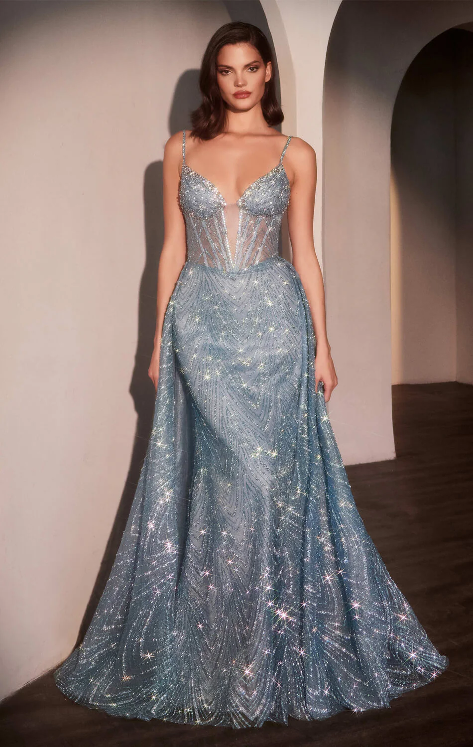 ANTONIA GOWN - GLITTER PRINTED FITTED DRESS WITH OVERSKIRT - Image 5