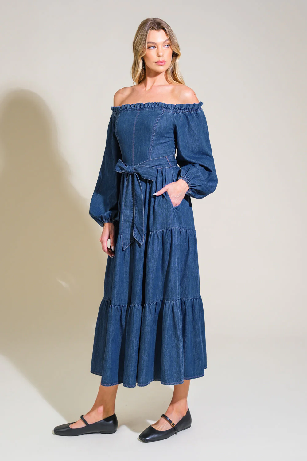 ARTISTIC IMPULSE - LONG SLEEVE OFF-THE-SHOULDER DENIM MIDI DRESS - Image 4