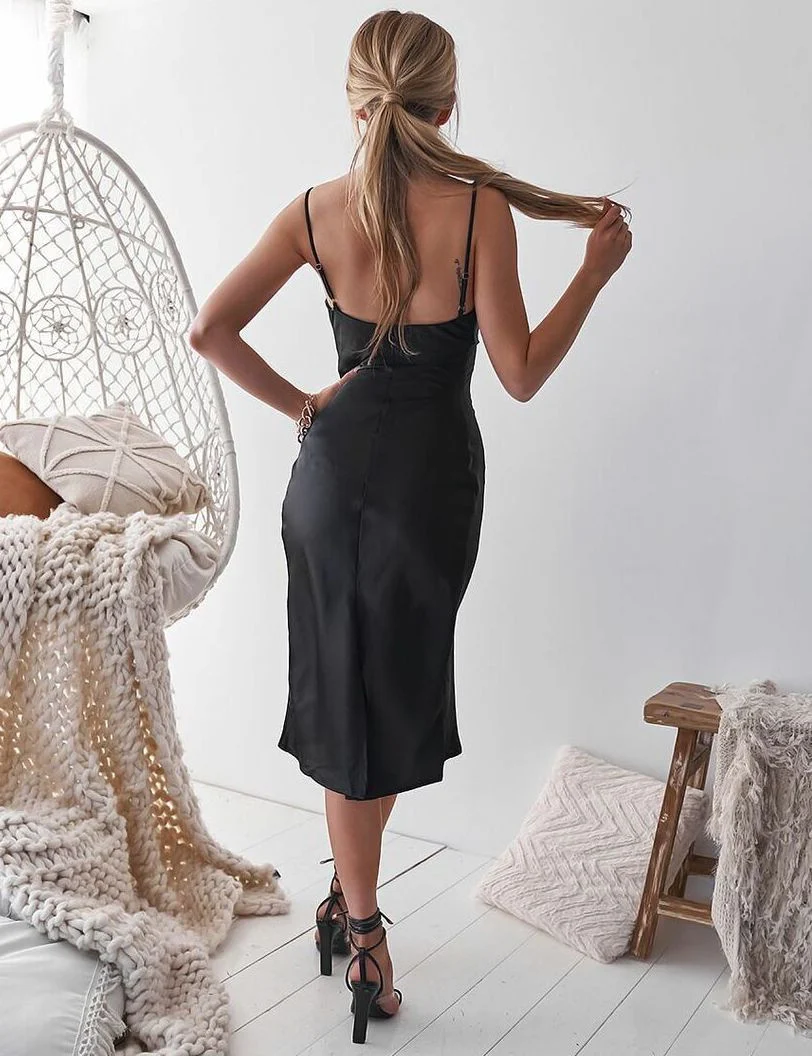 Aspen Midi Dress - Black Satin Slip Dress - Image 5