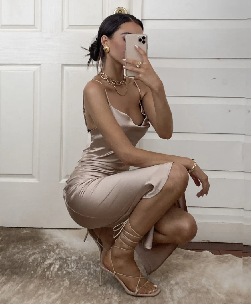 Aspen Midi Dress - Champagne Satin Slip Dress - Image 4
