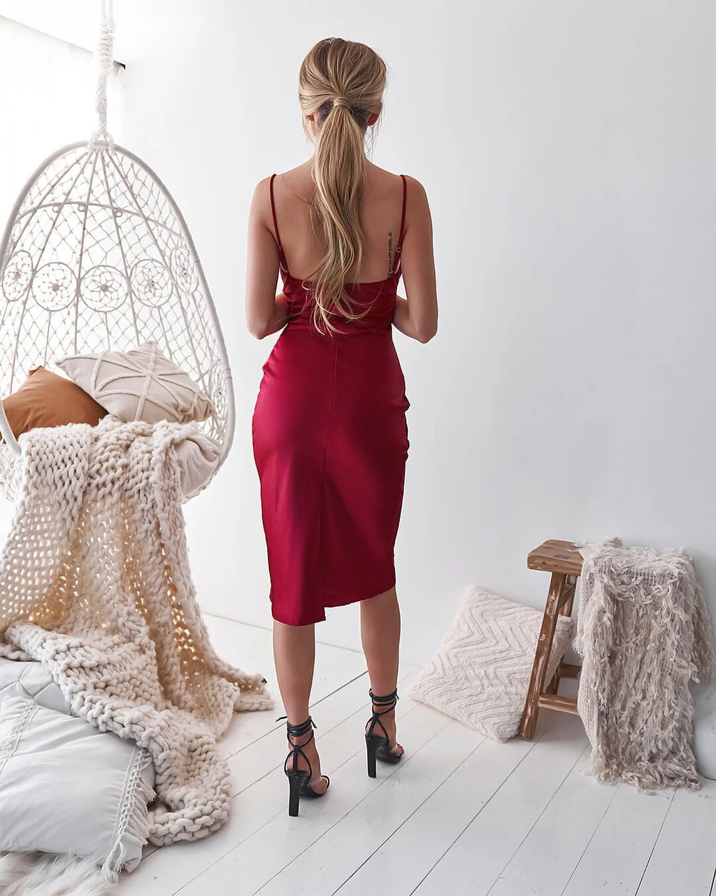 Aspen Midi Dress - Deep Red Satin Slip Dress - Image 3