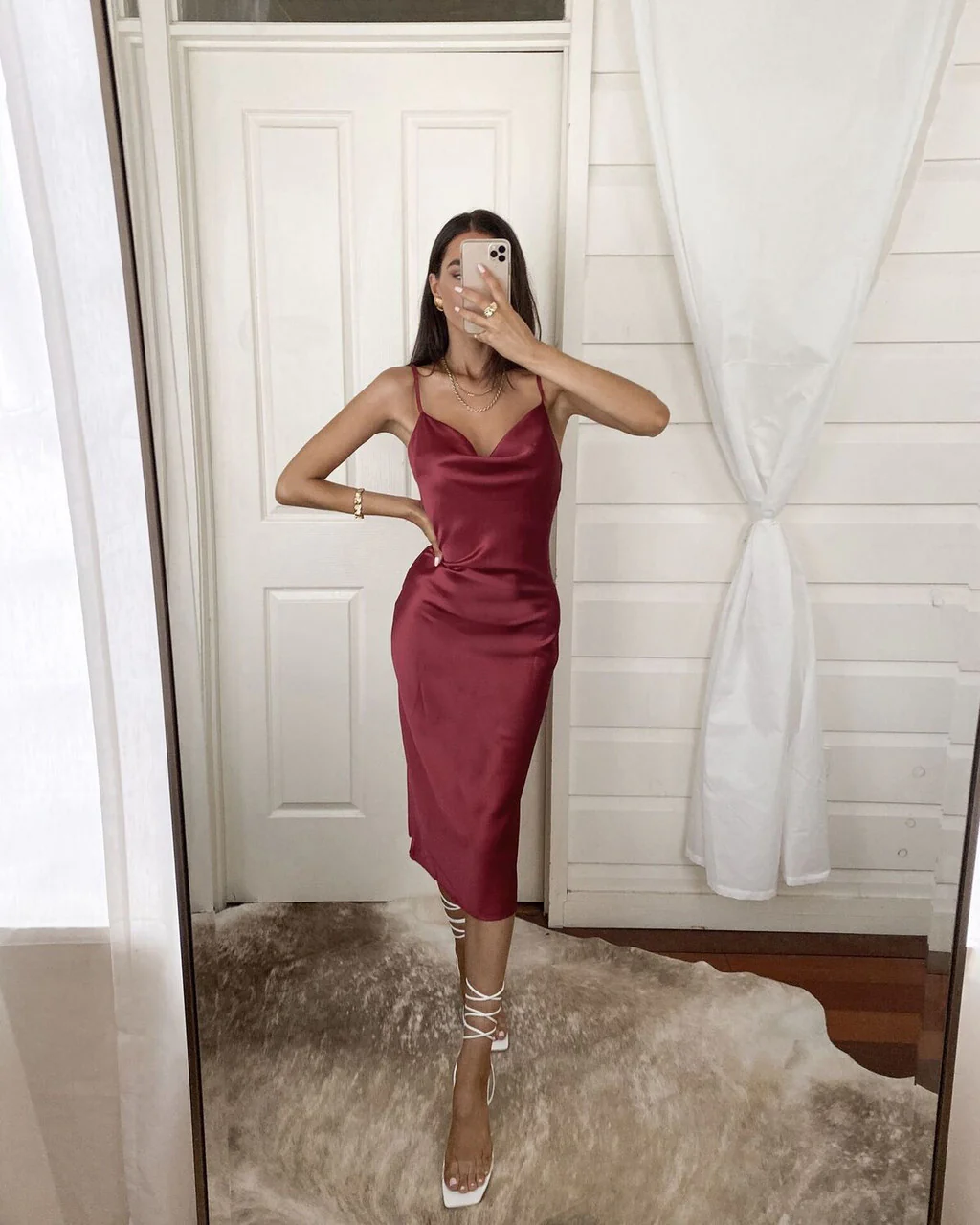 Aspen Midi Dress - Deep Red Satin Slip Dress - Image 7
