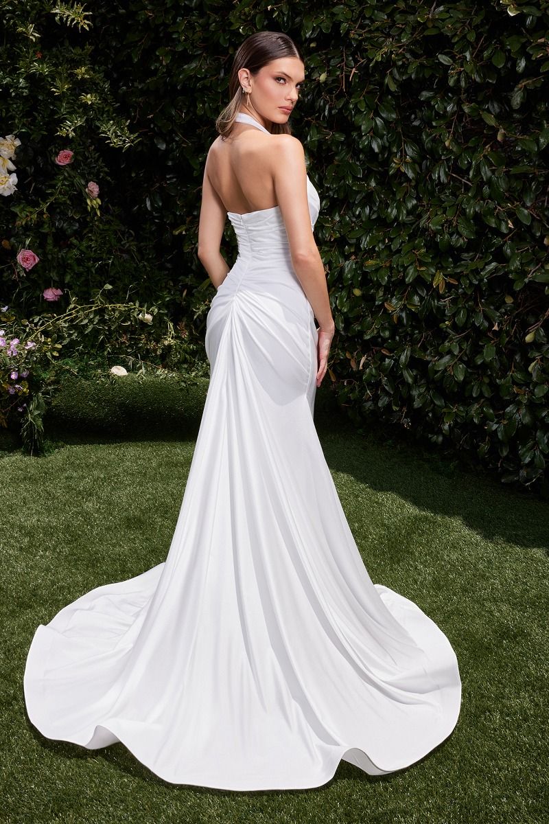 Autumn Gown - Off-White Stretch Spandex Satin Halter Fitted Dress - Image 3