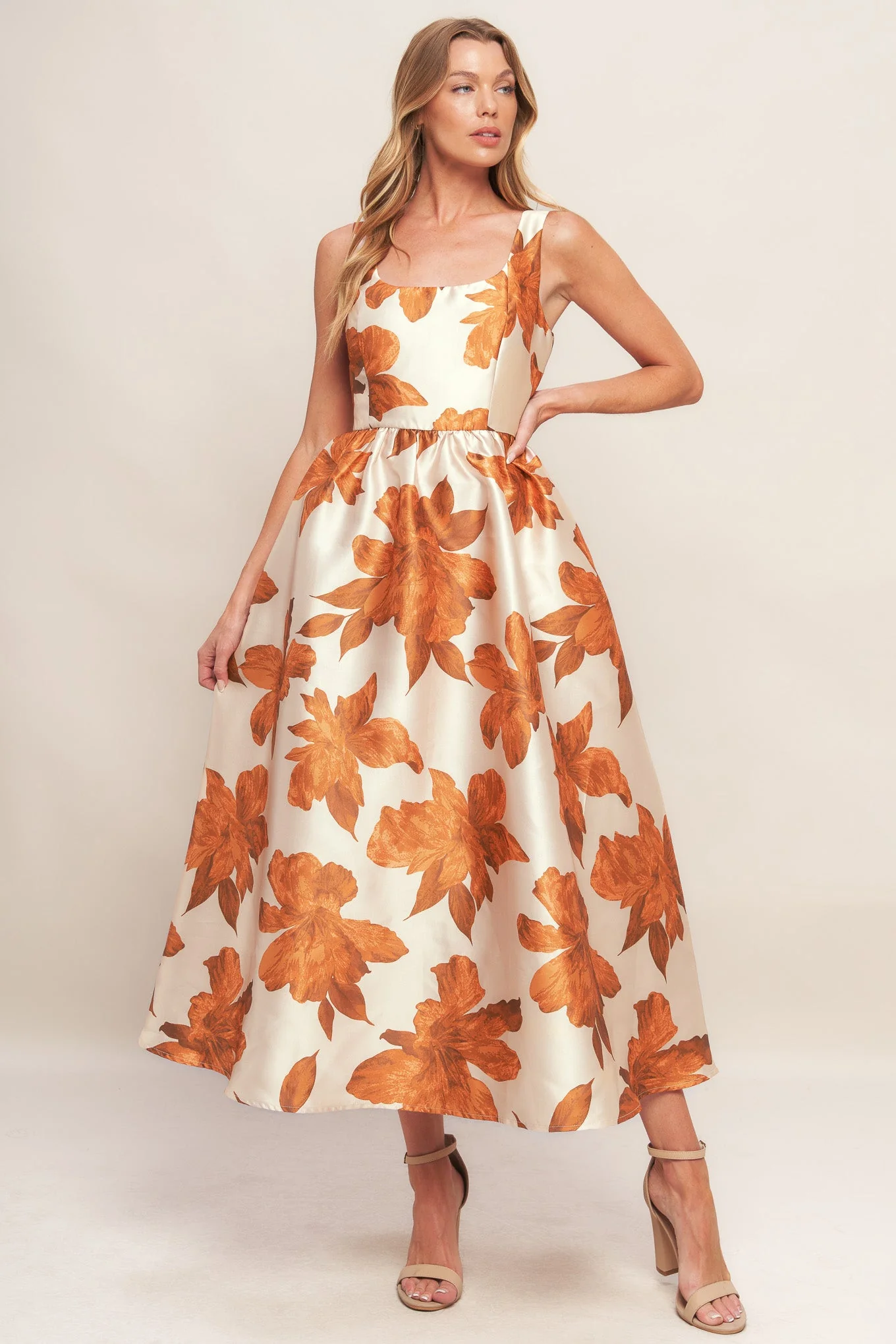FALL FLORAL SATIN MIDI DRESS - RUST