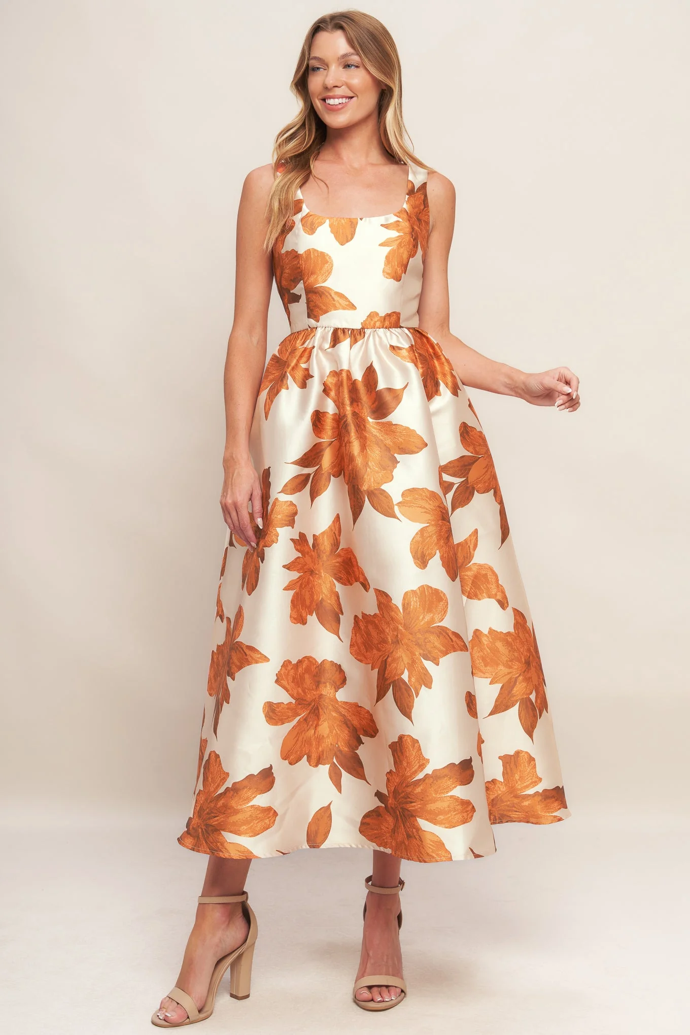 FALL FLORAL SATIN MIDI DRESS - RUST - Image 5