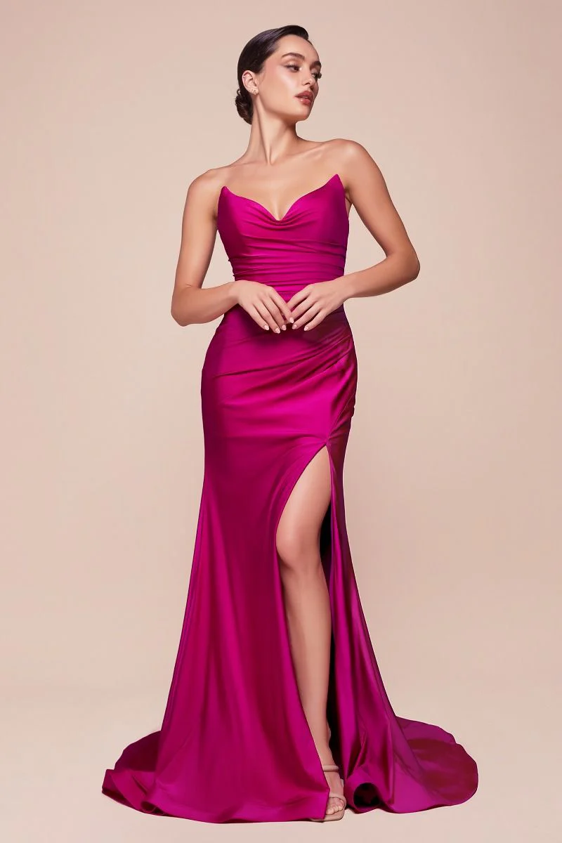 AVA POINTED V-NECKLINE GOWN - STRAPLESS STRETCH SPANDEX SATIN FITTED DRESS - Image 13