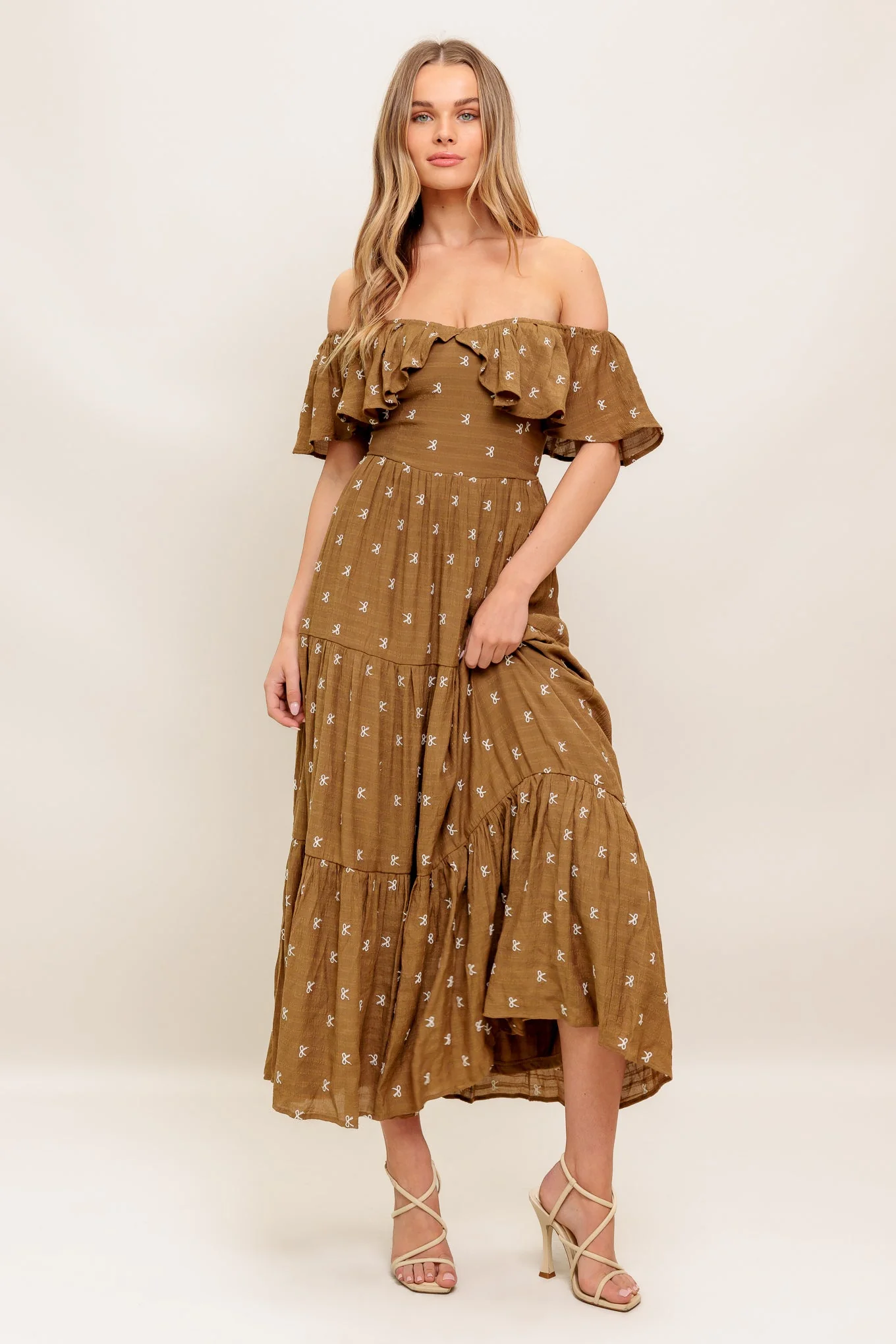 BELLE AMOUR OFF SHOULDER BROWN MIDI DRESS - Image 3
