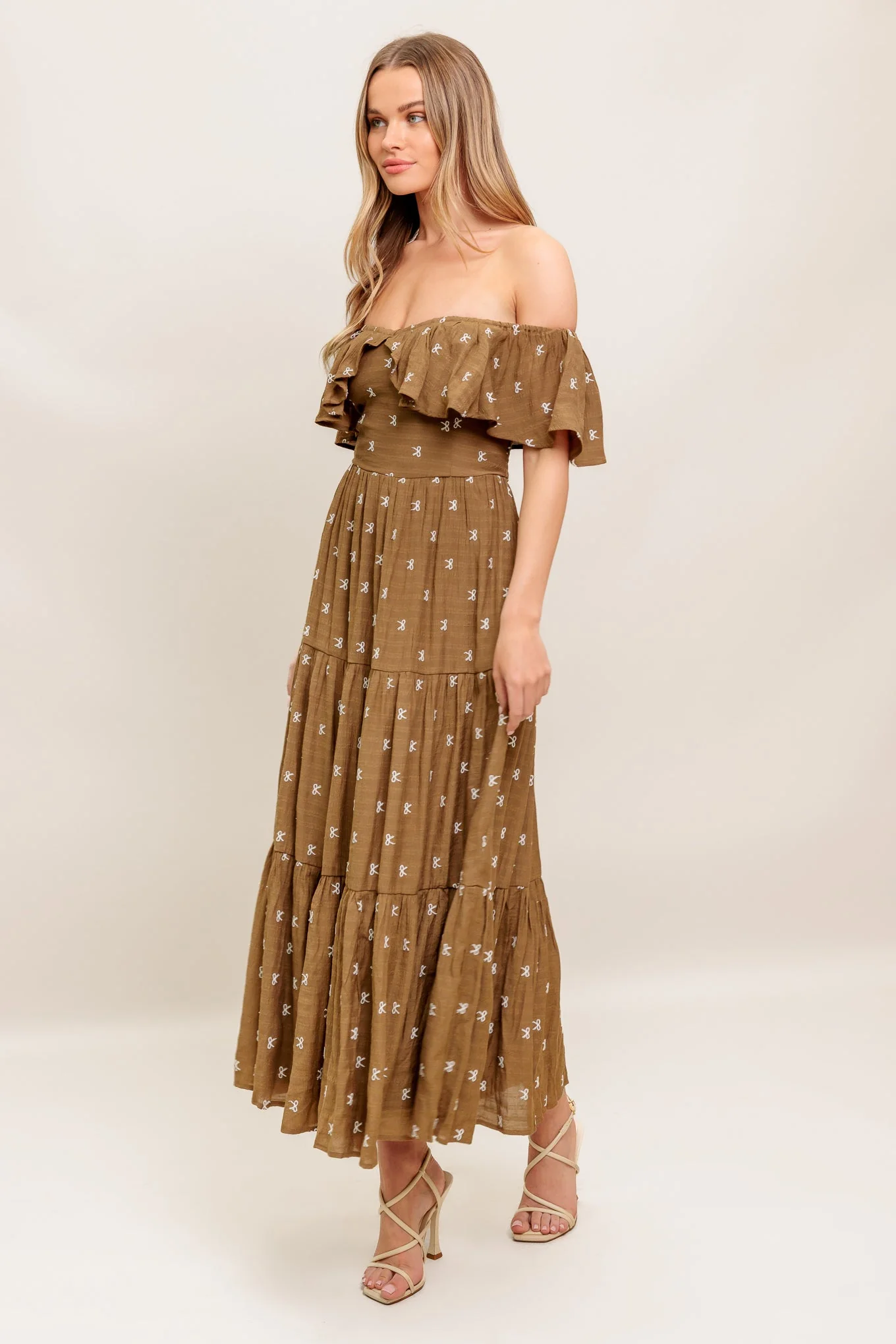 BELLE AMOUR OFF SHOULDER BROWN MIDI DRESS - Image 7