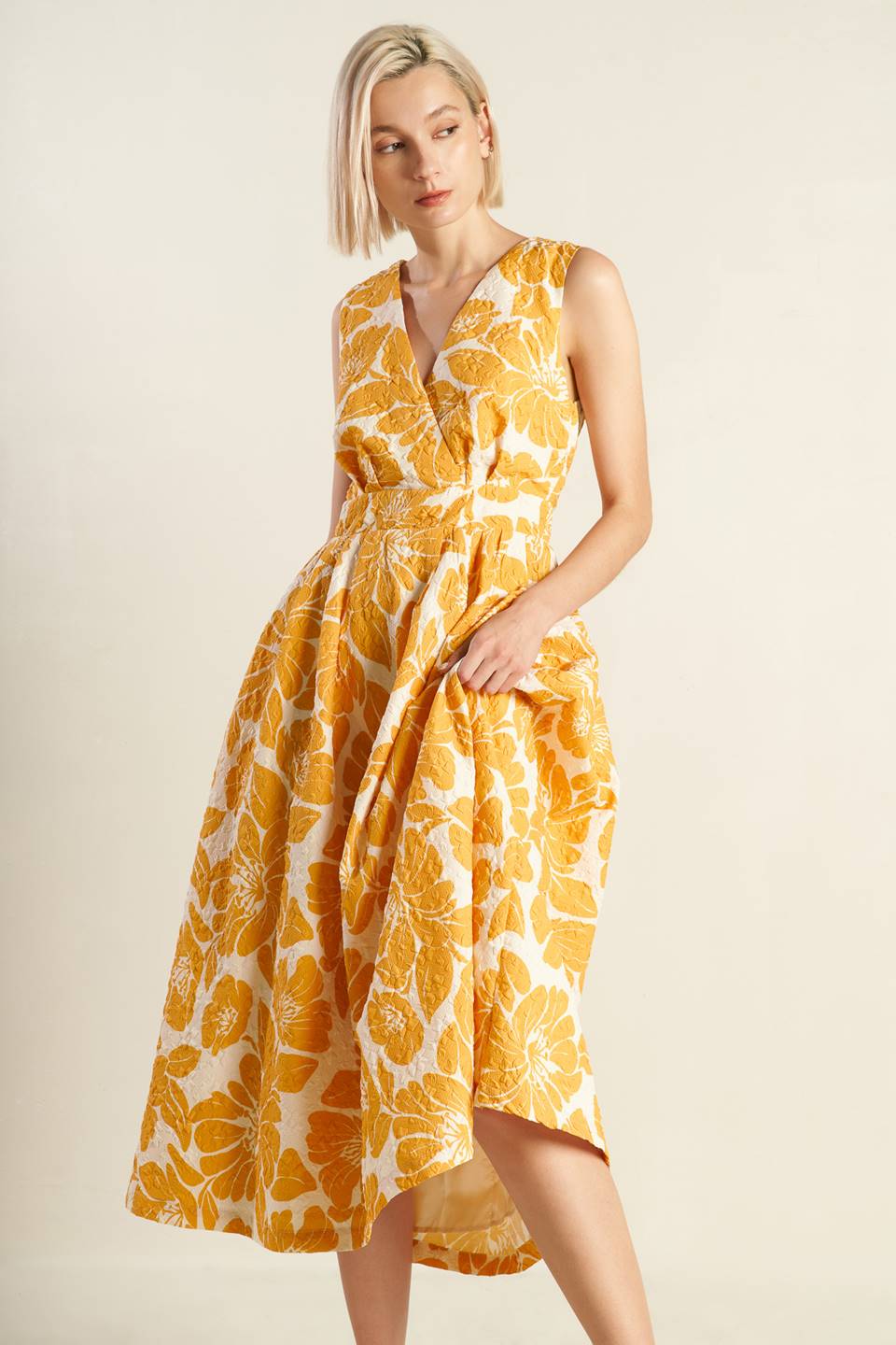 BOLD BLOOMS - MUSTARD YELLOW MIDI DRESS - Image 3