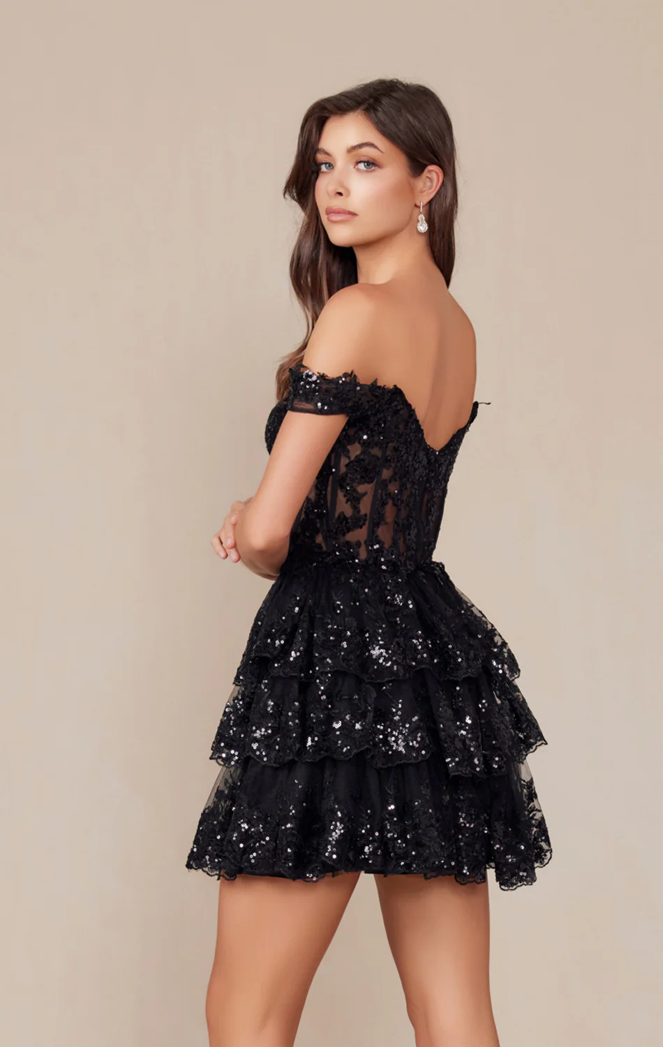 BRENNA MINI DRESS - BLACK - OFF SHOULDER TIERED SHORT DRESS - Image 6