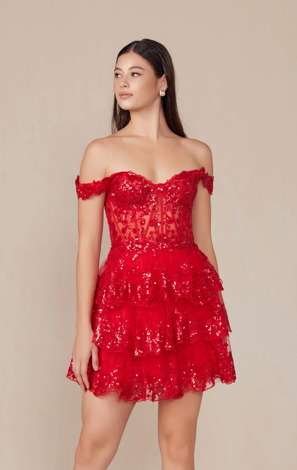 BRENNA MINI DRESS - RED - OFF SHOULDER TIERED SHORT DRESS - Image 3