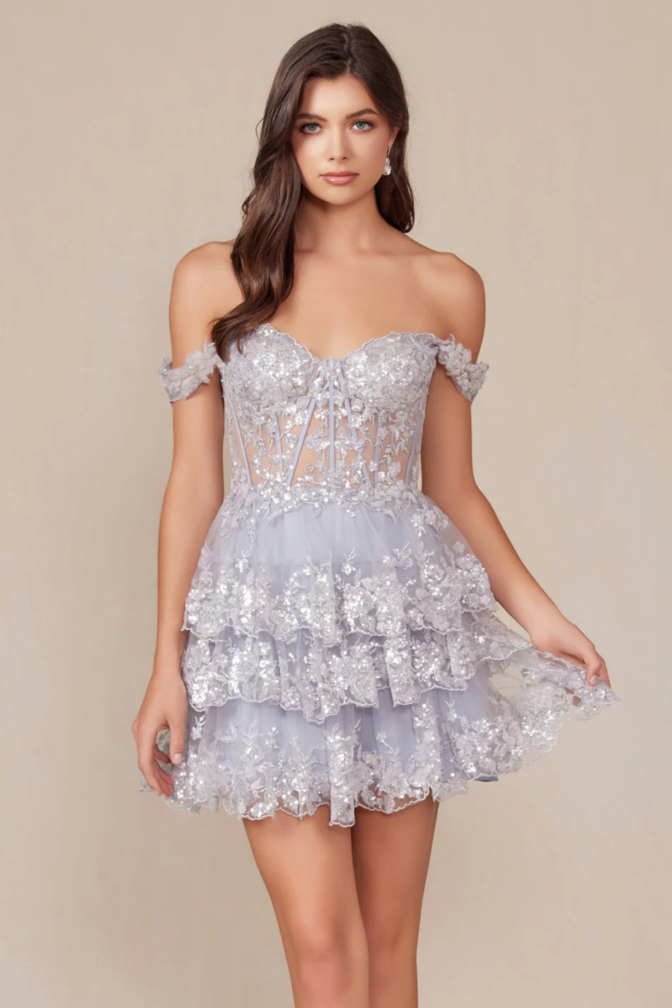 BRENNA MINI DRESS - SILVER - OFF SHOULDER TIERED SHORT DRESS