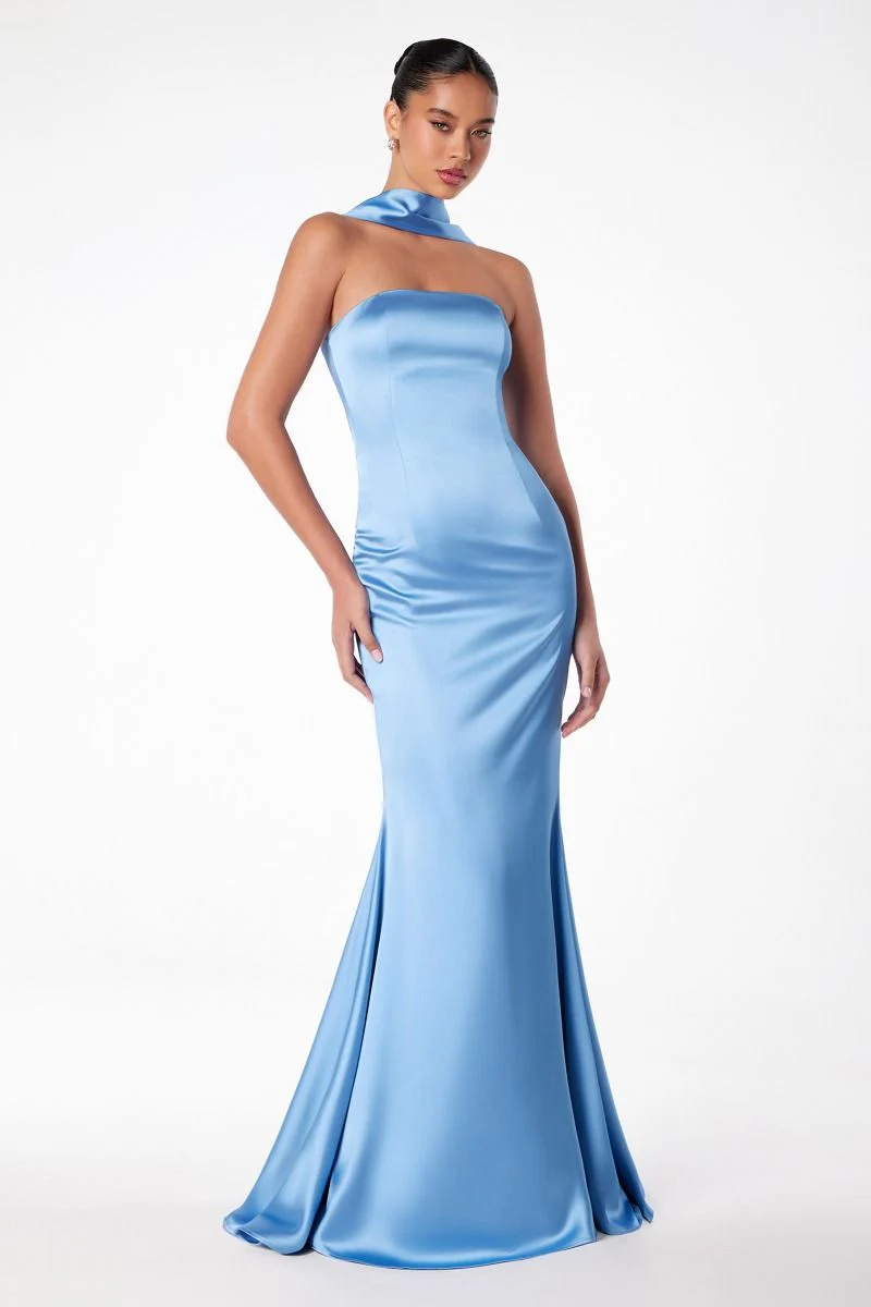 Brynn Maxi Dress - Strapless Fitted Satin Dress With Scarf - Image 13