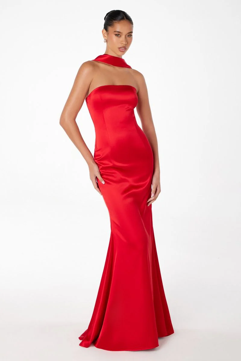 Brynn Maxi Dress - Strapless Fitted Satin Dress With Scarf - Image 18
