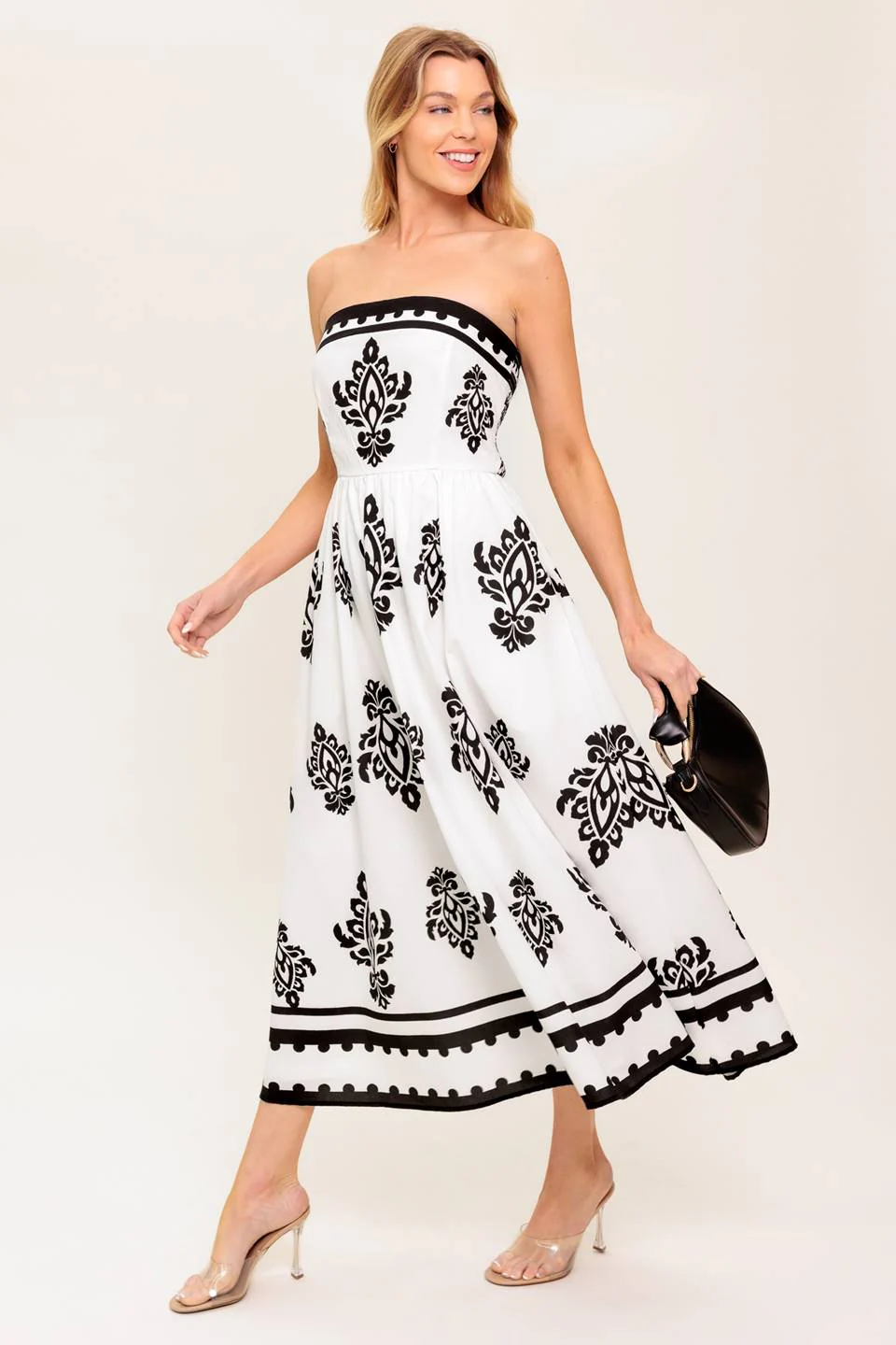 CAFE IN PARIS STRAPLESS MIDI DRESS - IVORY & BLACK