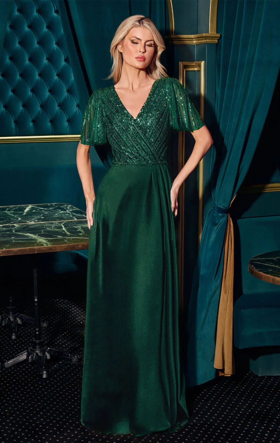 CARMINE GOWN - BEADED A-LINE DRESS WITH FLUTTER SLEEVES - Image 4