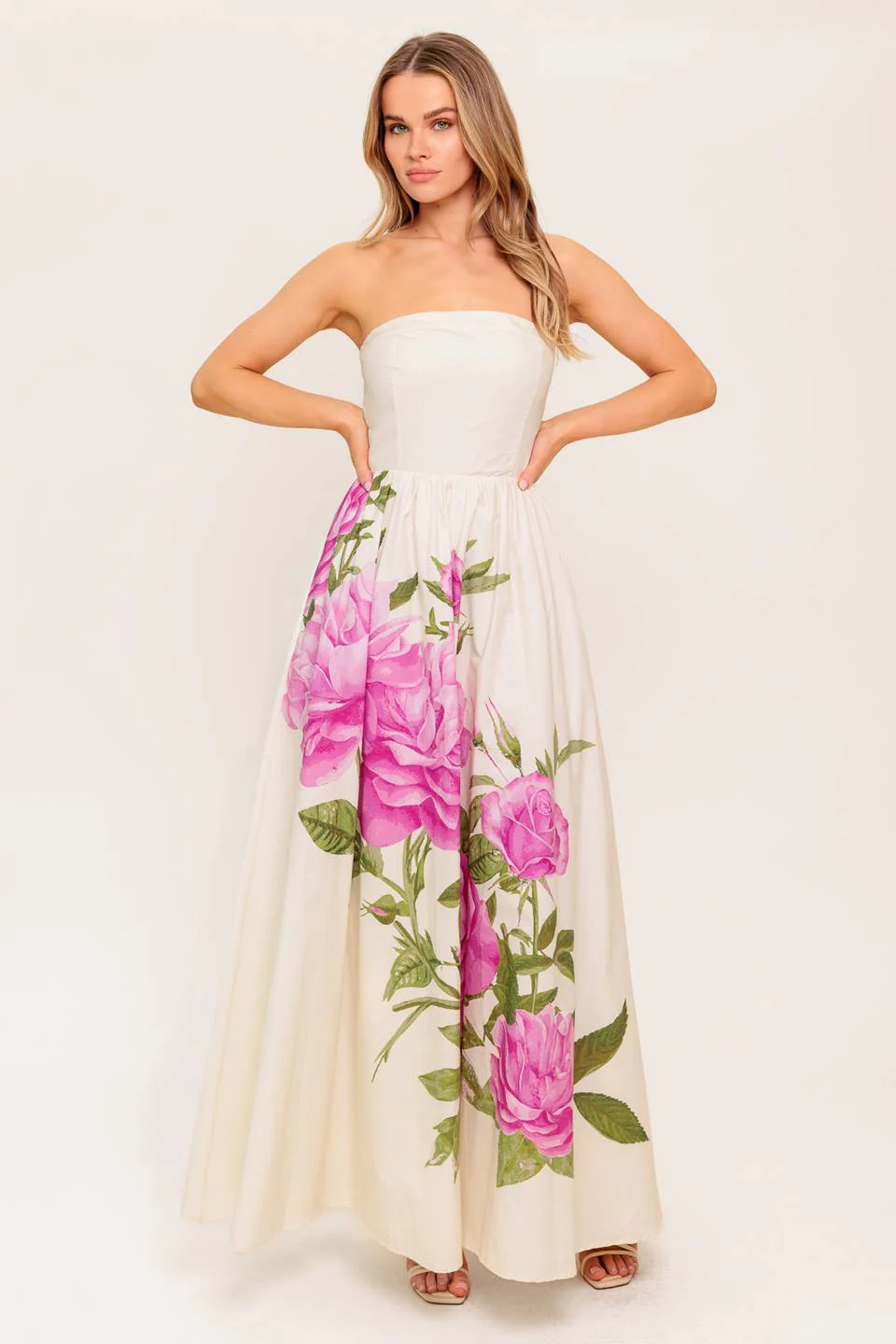 CAUGHT IN THE BREEZE STRAPLESS FLORAL MAXI DRESS