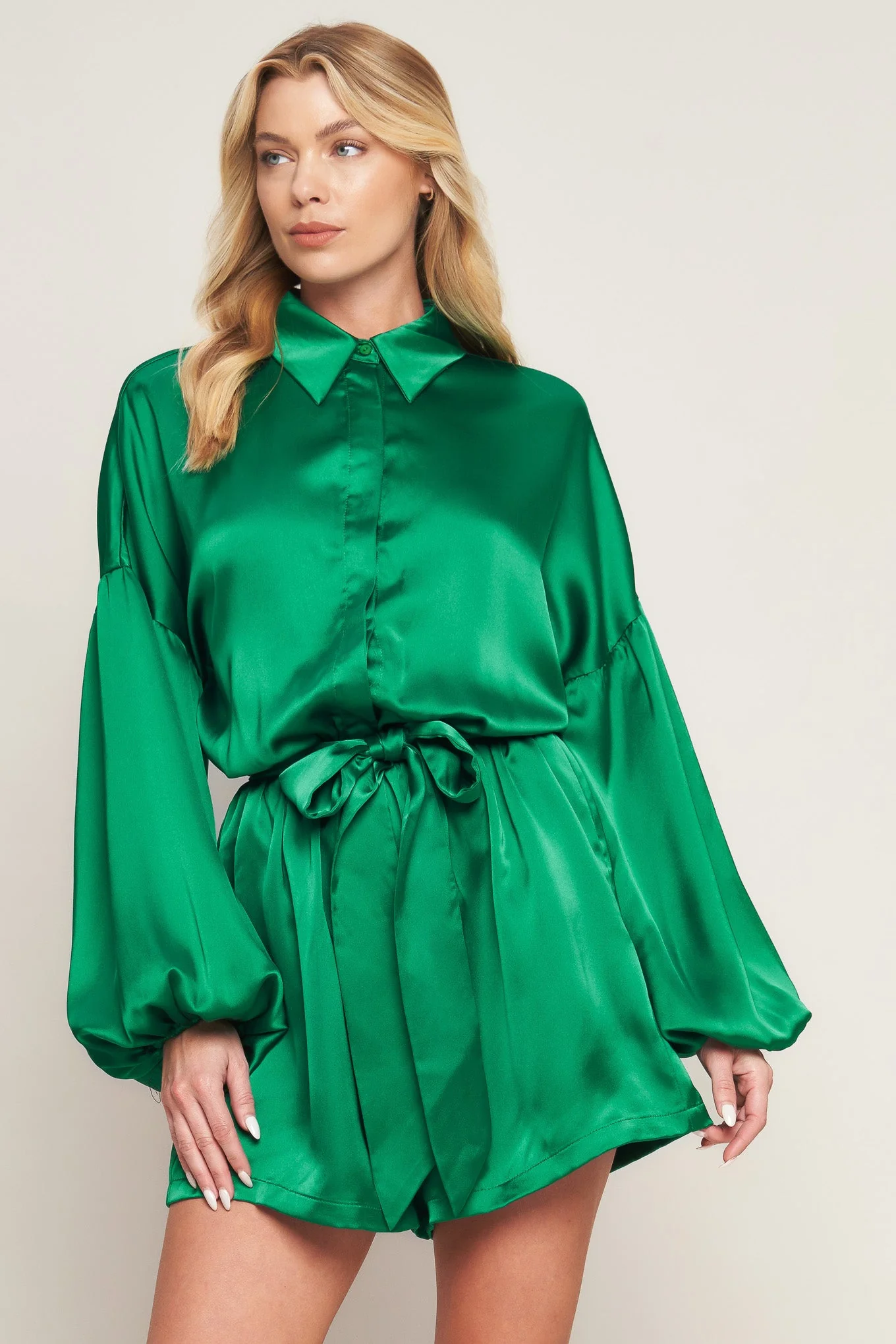 CELEBRATION TIME GREEN SATIN ROMPER WITH LONG SLEEVES - FINAL SALE - Image 3