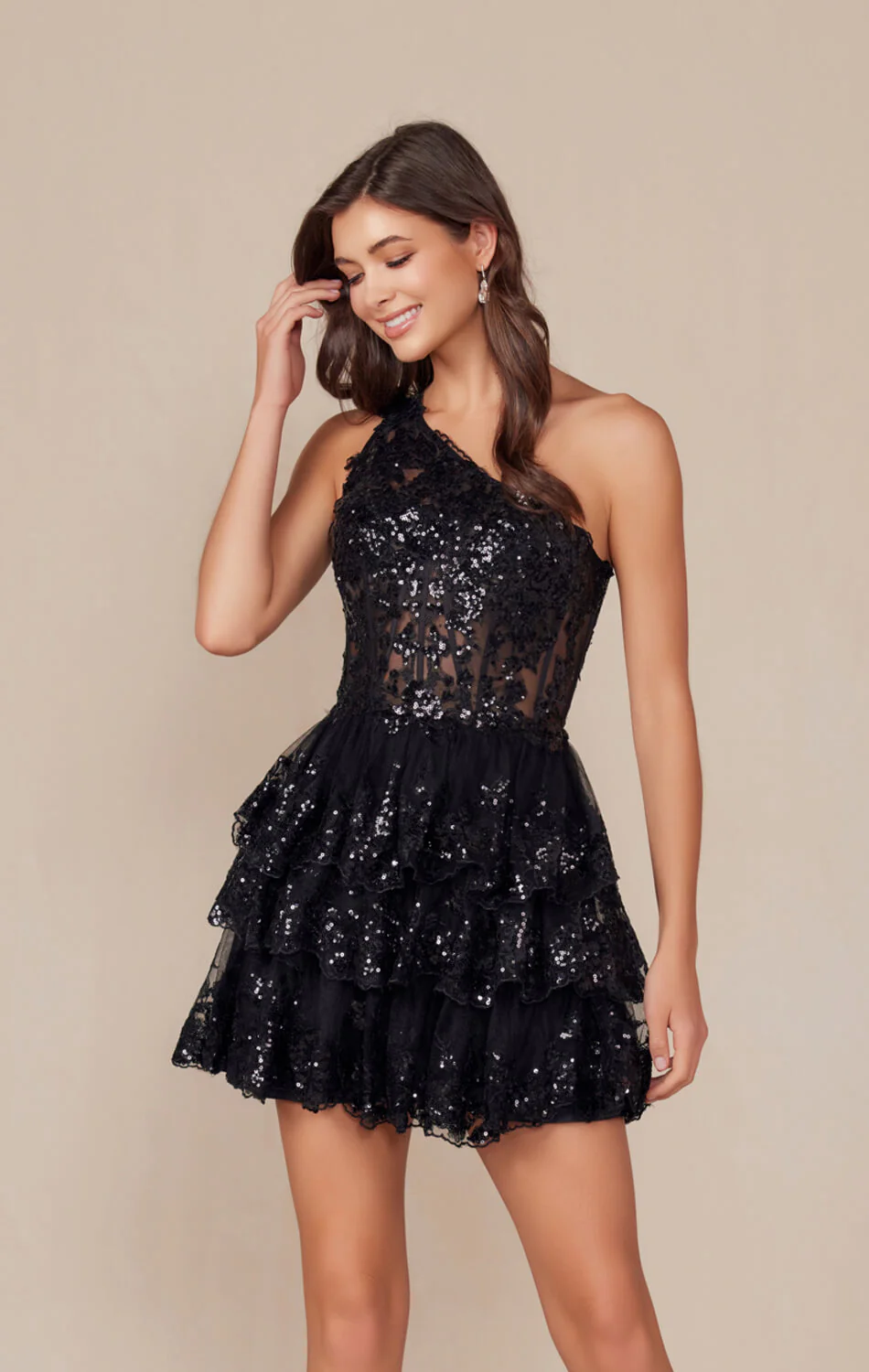CHRISTIE MINI DRESS - BLACK - ONE SHOULDER TIERED SHORT DRESS - Image 3