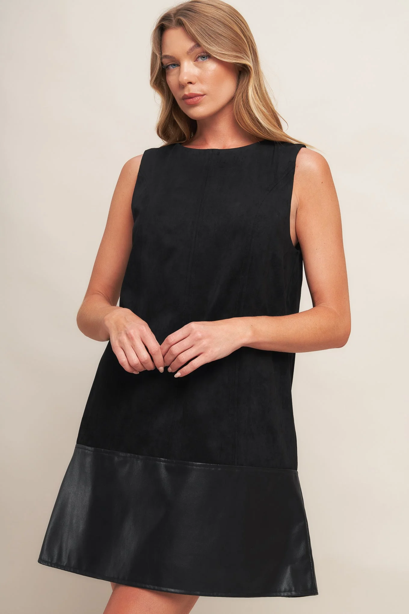 CITY SLEEK FAUX SUEDE & LEATHER SHIFT DRESS - Image 3