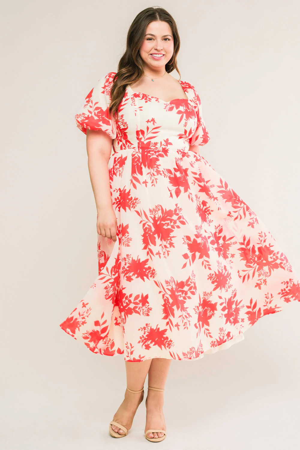 COTTAGE GARDEN PUFF SLEEVE MIDI DRESS - RED - Image 3