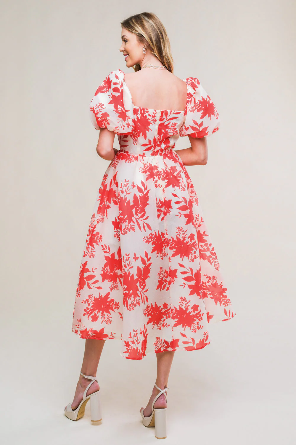 COTTAGE GARDEN PUFF SLEEVE MIDI DRESS - RED - Image 4