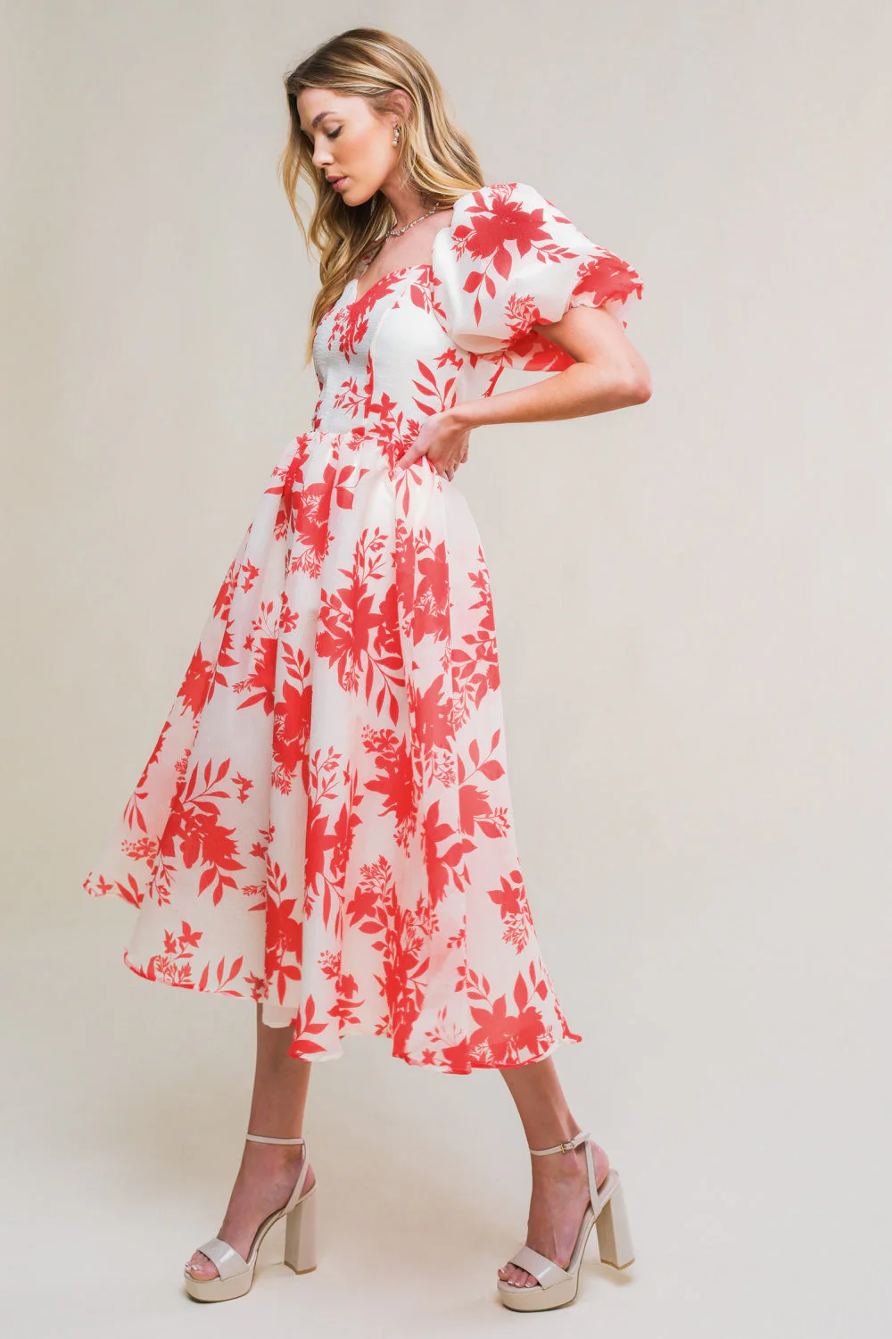 COTTAGE GARDEN PUFF SLEEVE MIDI DRESS - RED - Image 6