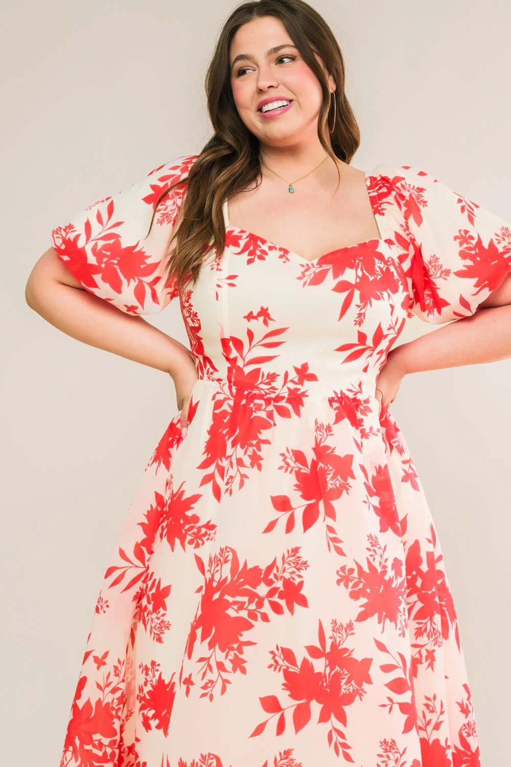 COTTAGE GARDEN PUFF SLEEVE MIDI DRESS - RED - Image 7