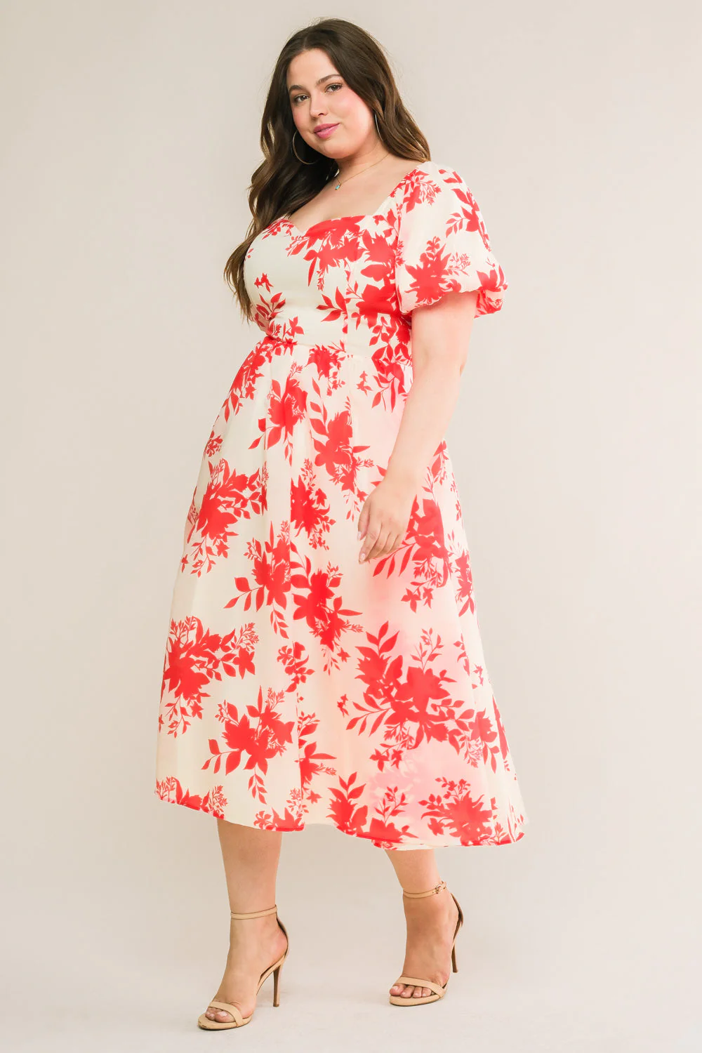 COTTAGE GARDEN PUFF SLEEVE MIDI DRESS - RED - Image 8