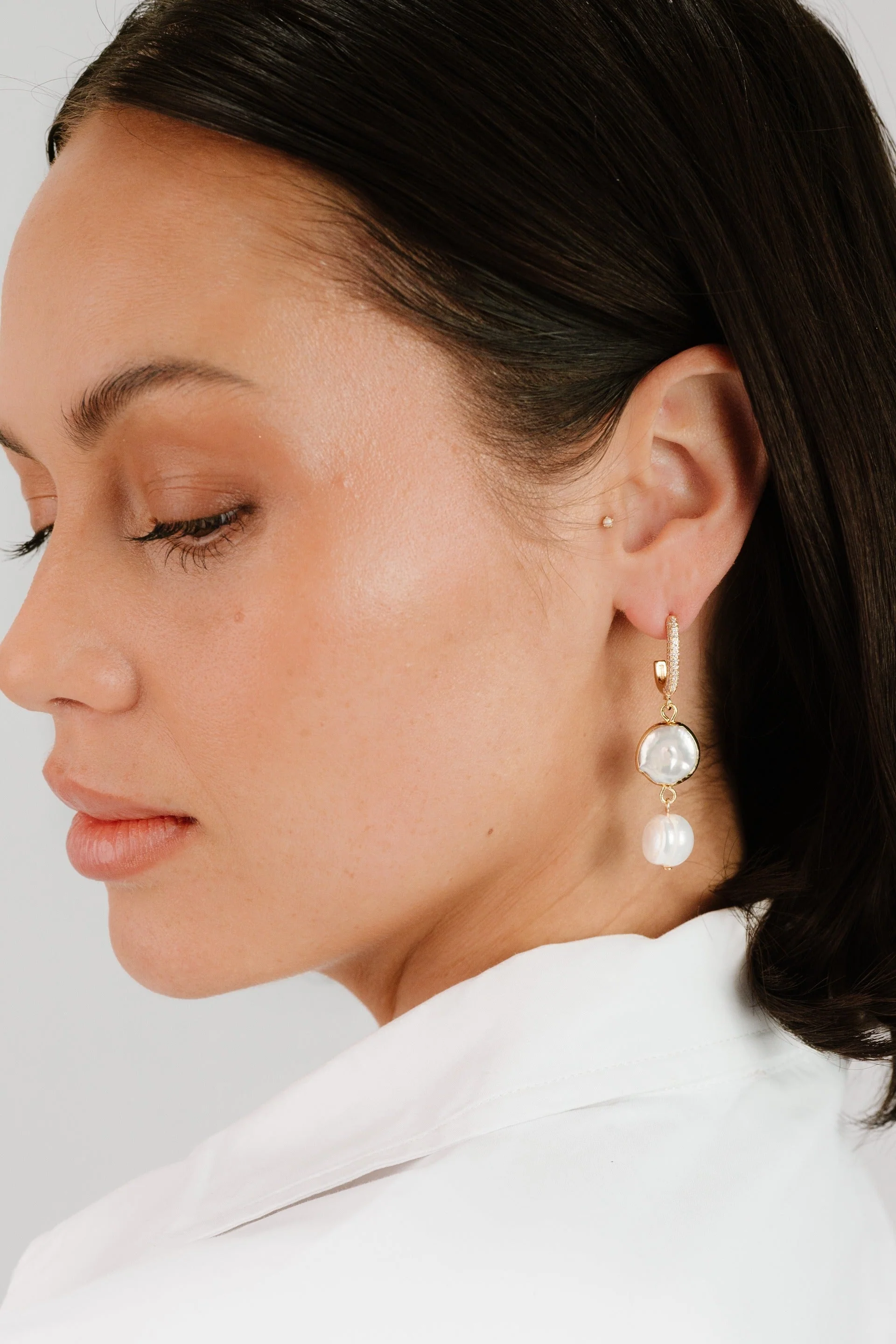 Dangling Freshwater Pearl Huggie Hoop Earrings - Image 6