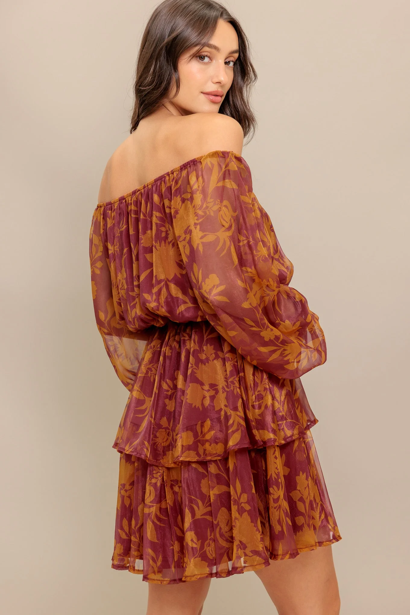 Destiny Maroon Floral Long Sleeve Mini Dress - Image 2