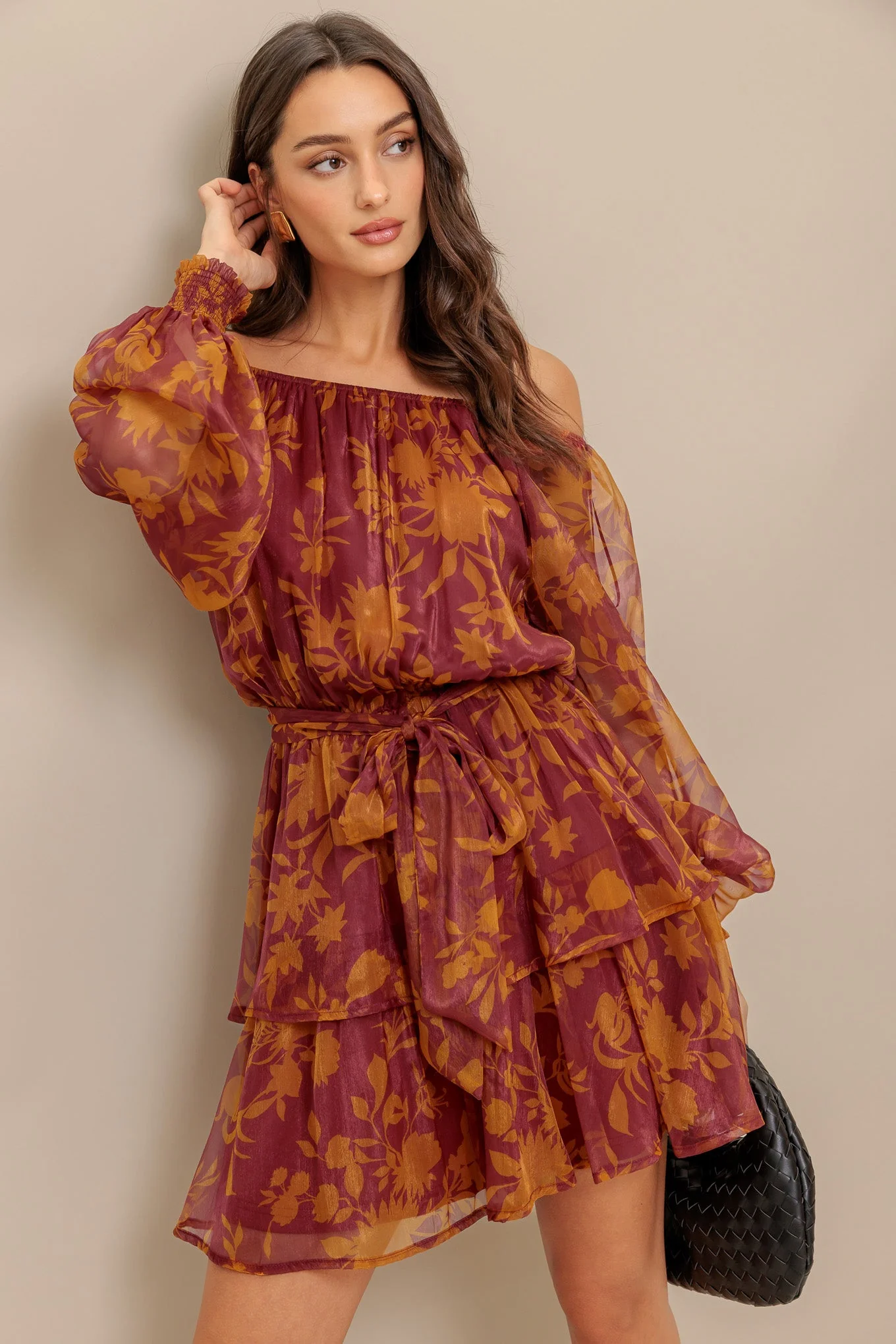 Destiny Maroon Floral Long Sleeve Mini Dress - Image 3