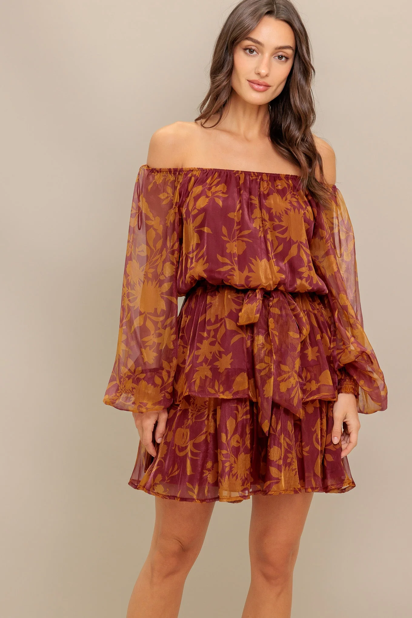 Destiny Maroon Floral Long Sleeve Mini Dress - Image 5