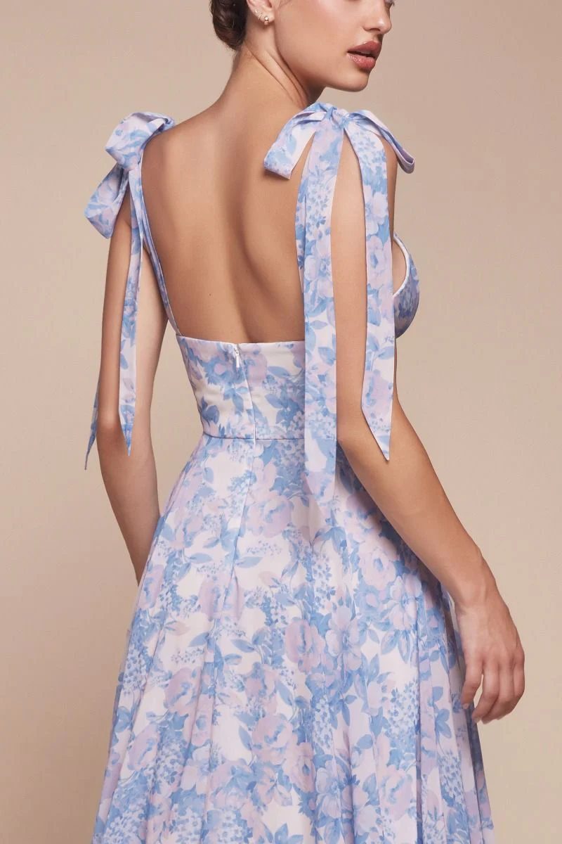 EDEN GOWN - BLUE - TIE STRAP A-LINE FLORAL PRINTED SKIRT - Image 2