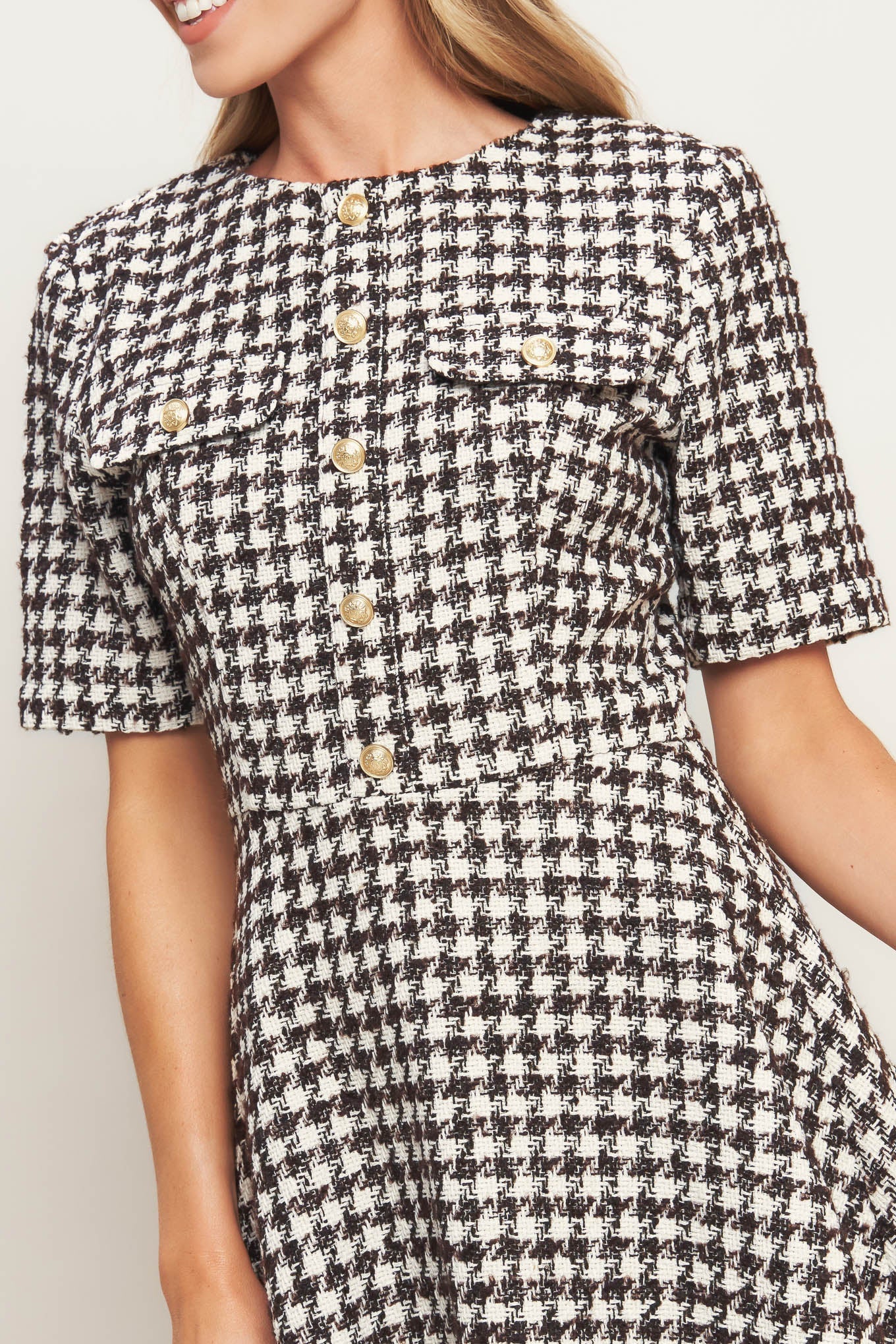 ELEGANT CHECK BROWN TWEED MINI DRESS - FINAL SALE - Image 2