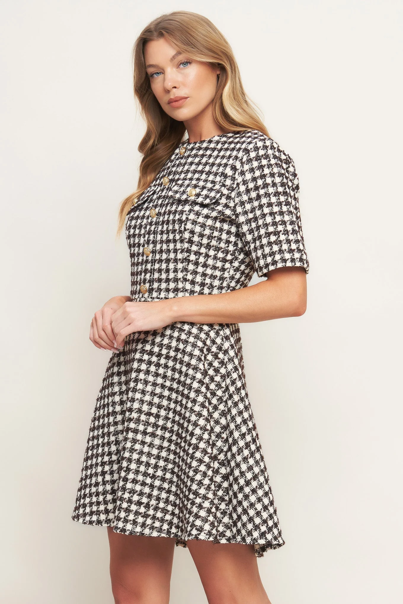 ELEGANT CHECK BROWN TWEED MINI DRESS - FINAL SALE - Image 4