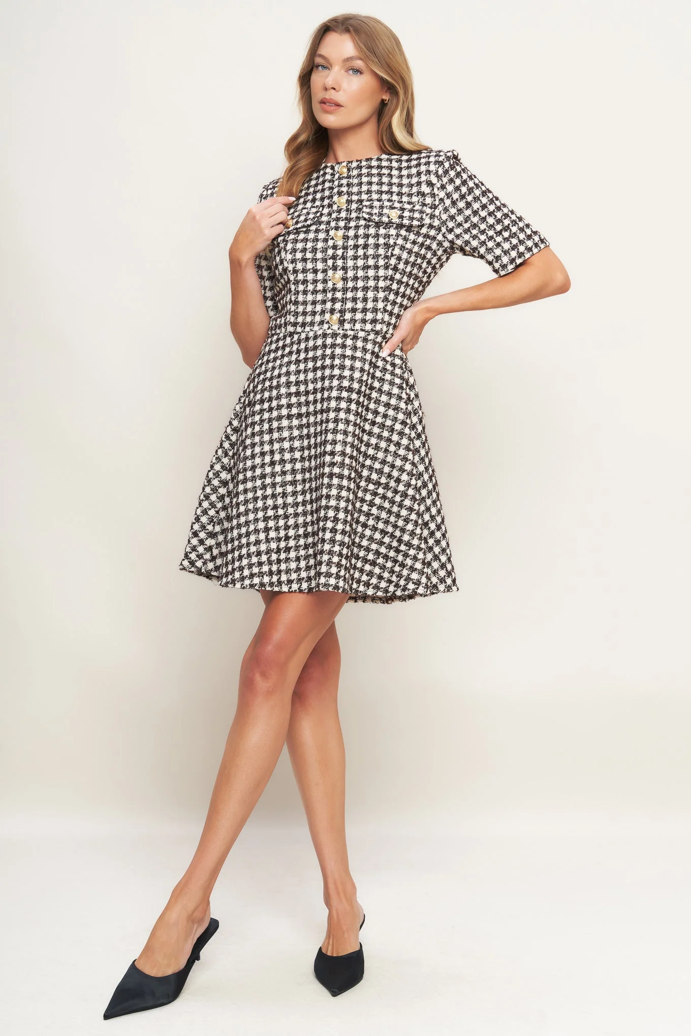 ELEGANT CHECK BROWN TWEED MINI DRESS - FINAL SALE - Image 5